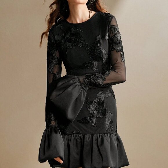 Black Elegant Women's French Embroidery Fitted Floral Sheath Dress - Picture 4 of 6